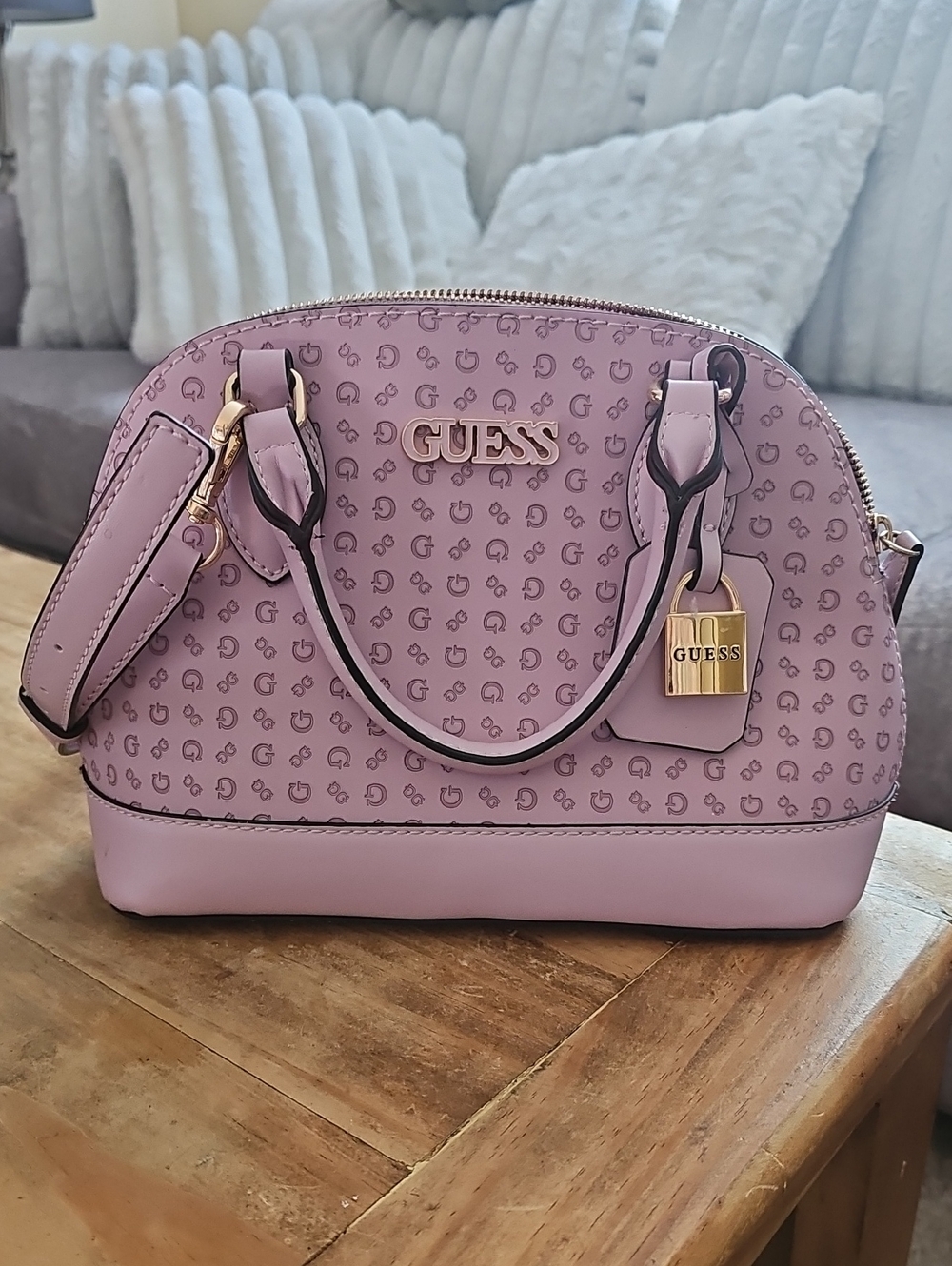 GUESS Lavender-Pink Dome Satchel with Gold Hardware